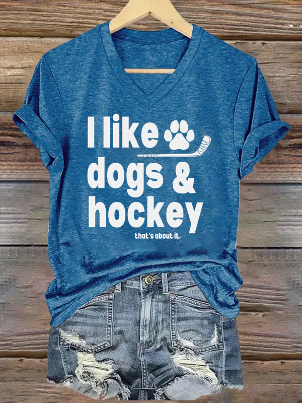V Neck I Like Dogs And Hockey T-shirt