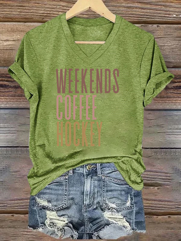 V Neck Weekends Coffee Hockey T-shirt