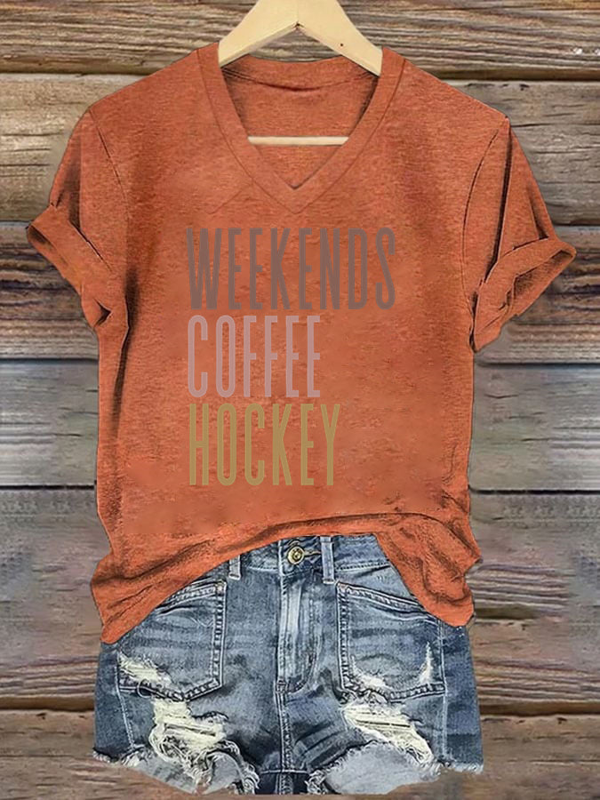 V Neck Weekends Coffee Hockey T-shirt