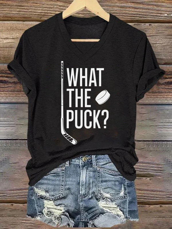 V Neck What The Puck? Hockey T-shirt