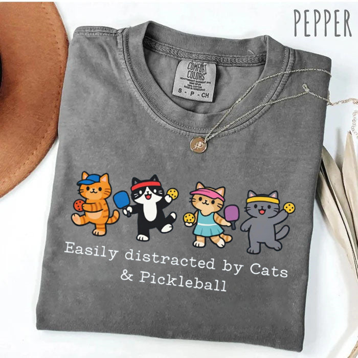 Comfort Colors Easily Distracted By Cat & Pickleball T-shirt