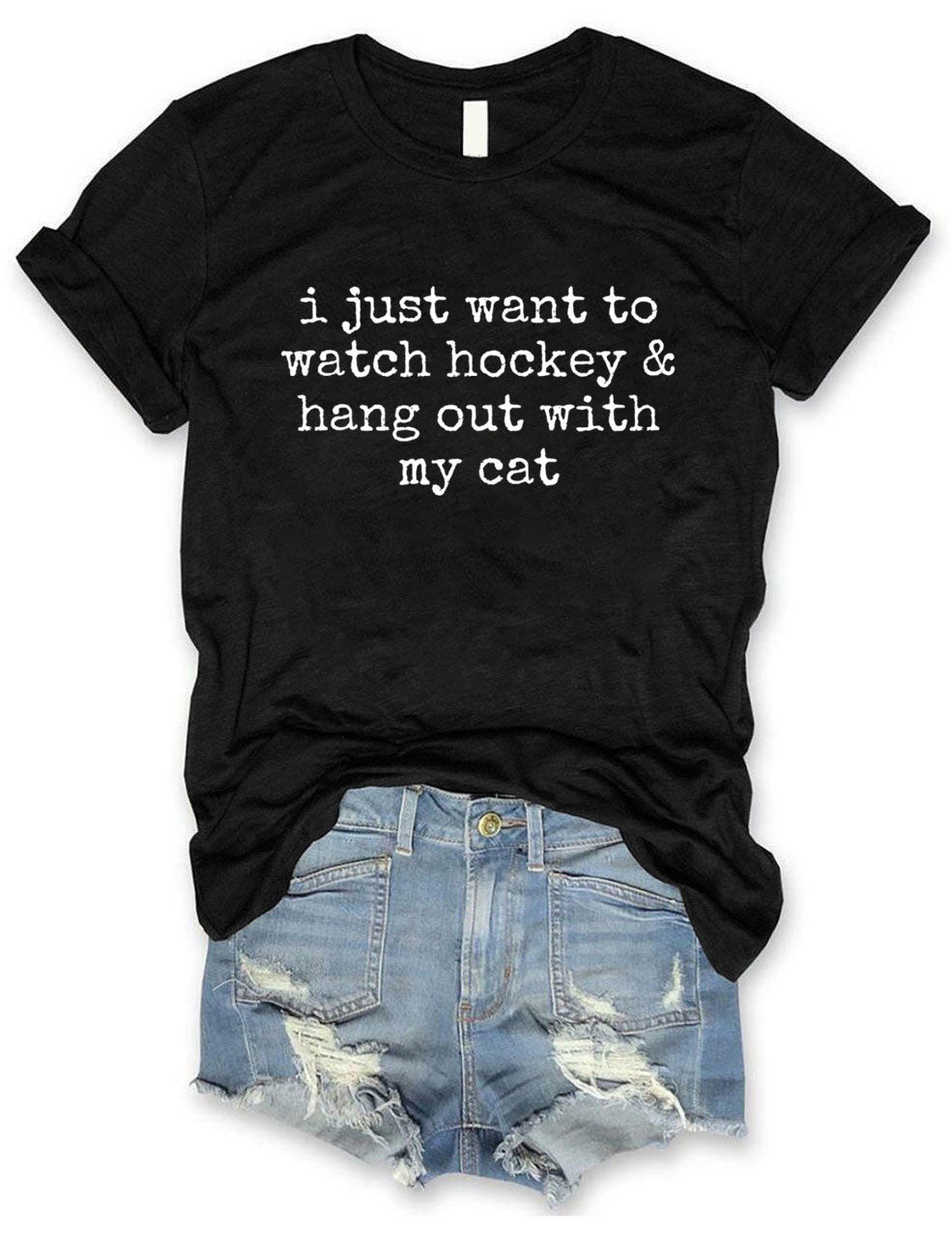 I Just Want to watch hockey and Hang Out Cat Shirt, Round Neck Hockey T-Shirt