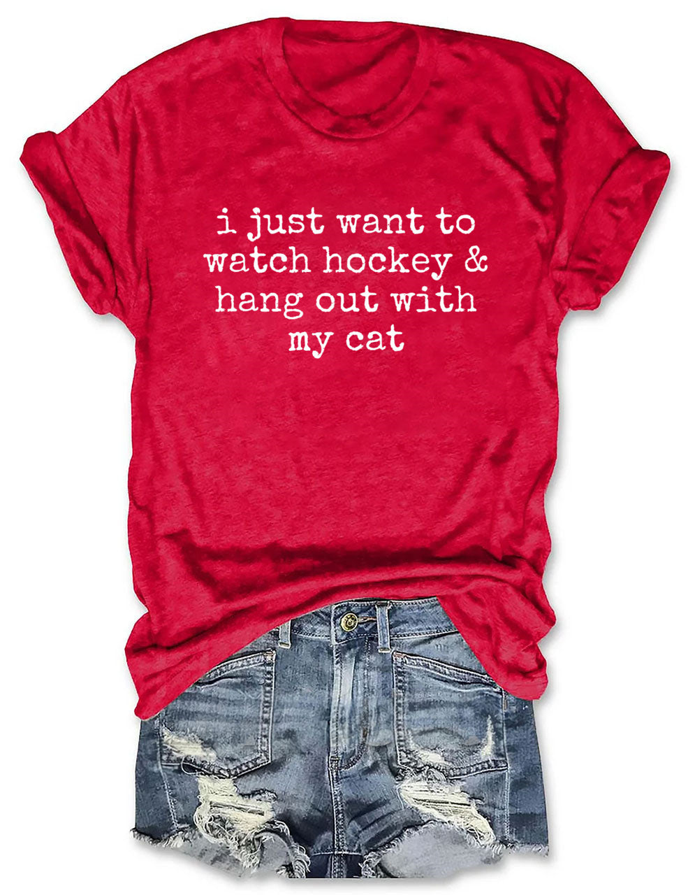 I Just Want to watch hockey and Hang Out Cat Shirt, Round Neck Hockey T-Shirt