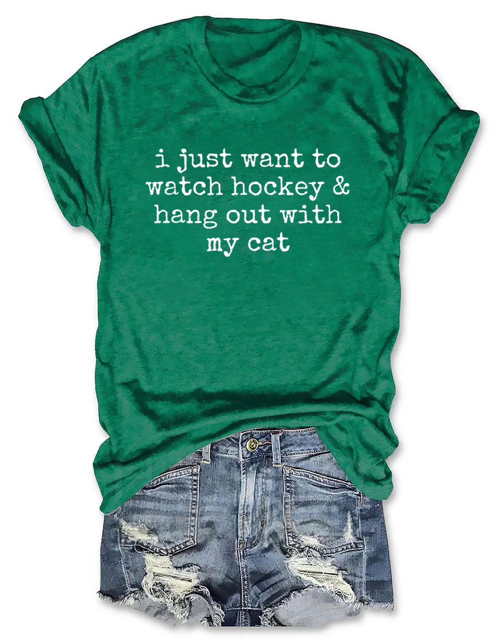 I Just Want to watch hockey and Hang Out Cat Shirt, Round Neck Hockey T-Shirt