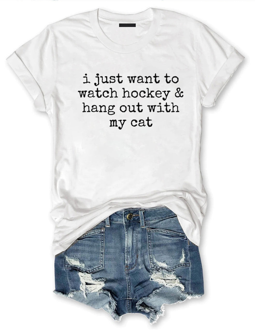 I Just Want to watch hockey and Hang Out Cat Shirt, Round Neck Hockey T-Shirt
