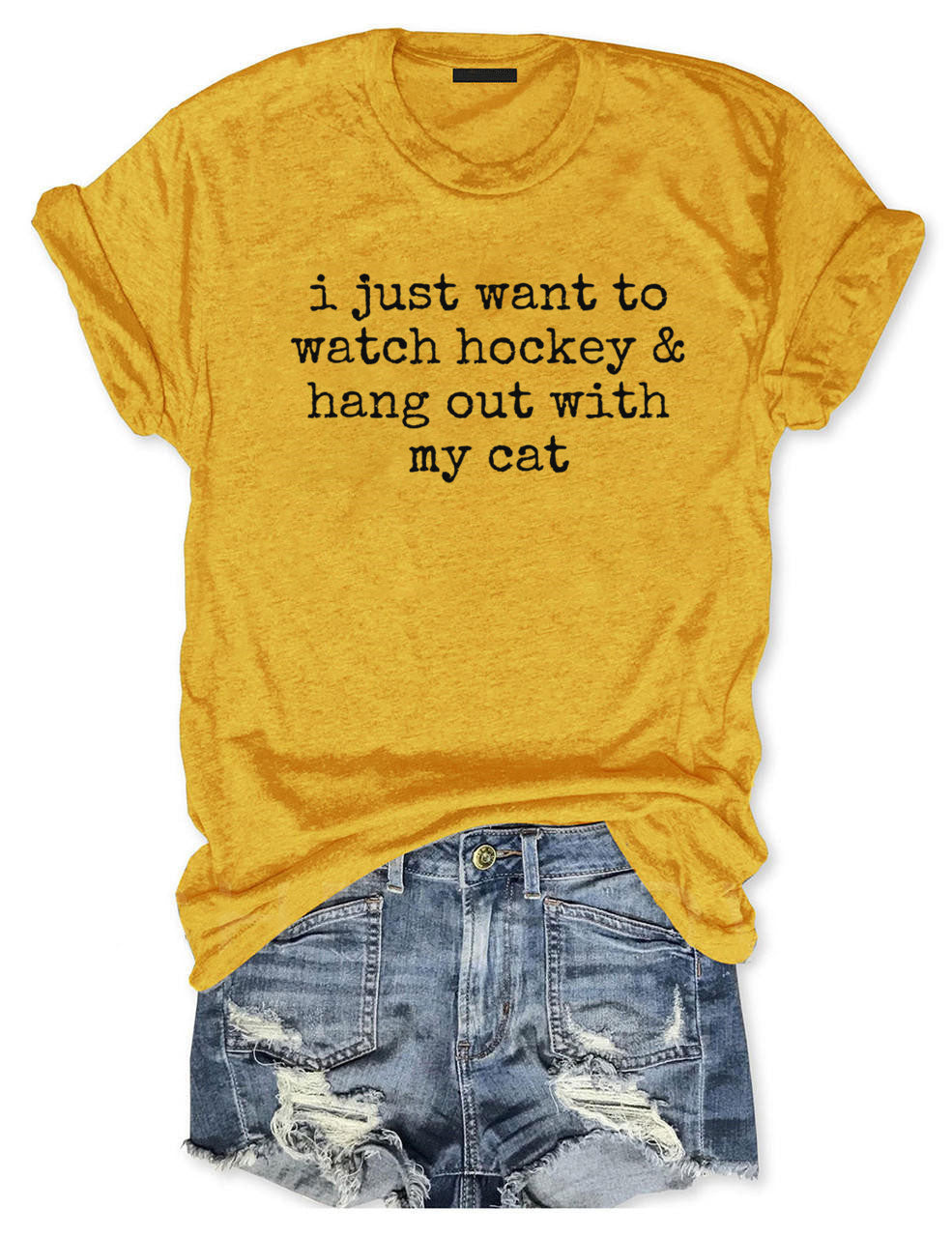 I Just Want to watch hockey and Hang Out Cat Shirt, Round Neck Hockey T-Shirt
