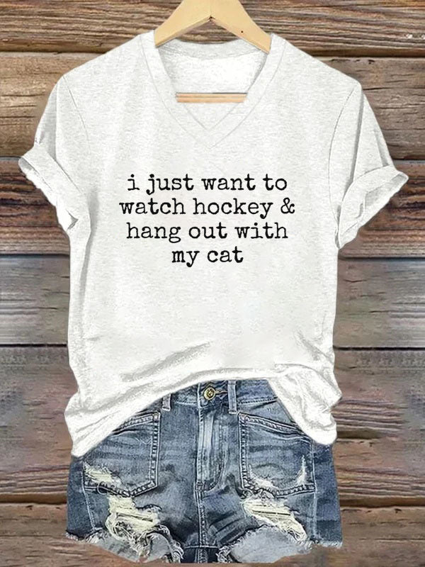 V Neck I Just Want to watch hockey and Hang Out Cat Shirt, Hockey Tee