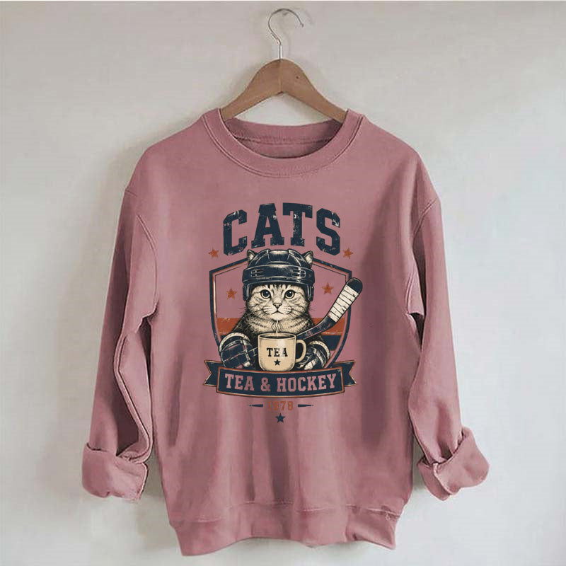 Funny Cats Tea Hockey Sweatshirt,Hockey Lover Gift, Cat Hockey Game Day Tee