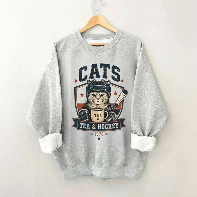 Funny Cats Tea Hockey Sweatshirt,Hockey Lover Gift, Cat Hockey Game Day Tee