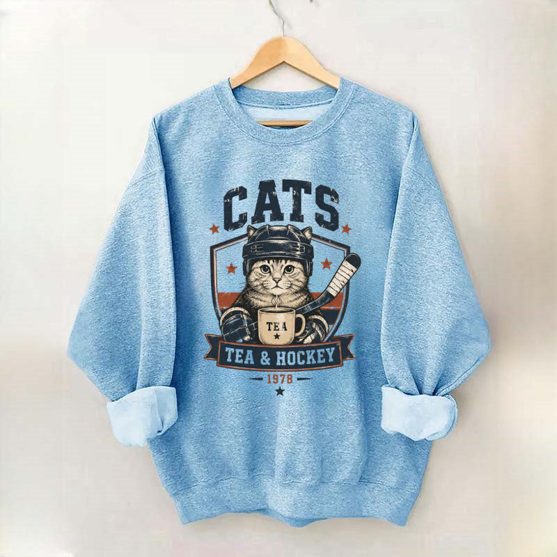 Funny Cats Tea Hockey Sweatshirt,Hockey Lover Gift, Cat Hockey Game Day Tee