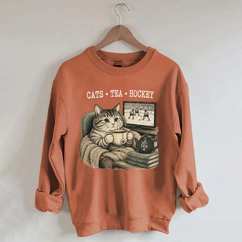 Funny Cats Tea Hockey Sweatshirt,Hockey Lover Gift, Cat Hockey Game Day Tee