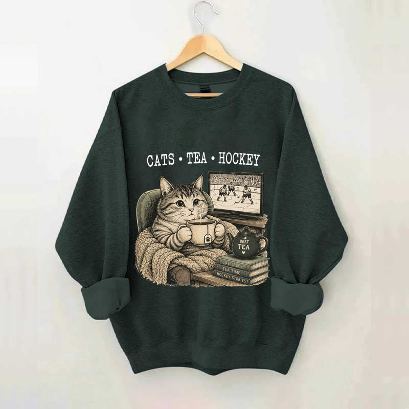 Funny Cats Tea Hockey Sweatshirt,Hockey Lover Gift, Cat Hockey Game Day Tee