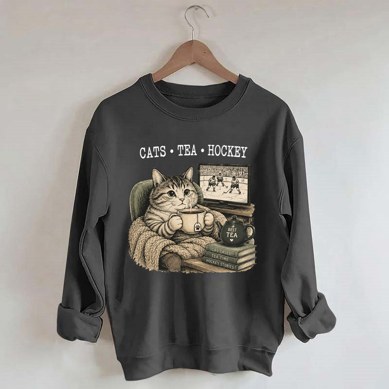 Funny Cats Tea Hockey Sweatshirt,Hockey Lover Gift, Cat Hockey Game Day Tee