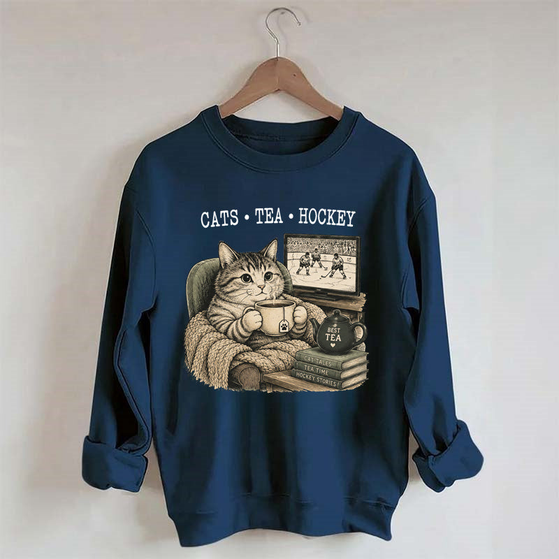 Funny Cats Tea Hockey Sweatshirt,Hockey Lover Gift, Cat Hockey Game Day Tee
