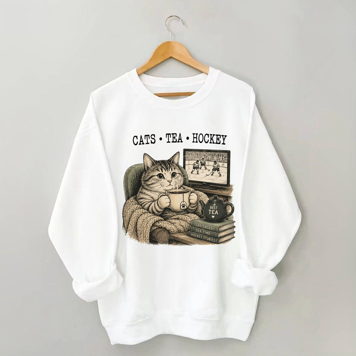 Funny Cats Tea Hockey Sweatshirt,Hockey Lover Gift, Cat Hockey Game Day Tee