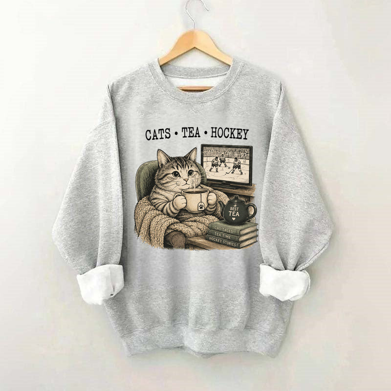 Funny Cats Tea Hockey Sweatshirt,Hockey Lover Gift, Cat Hockey Game Day Tee