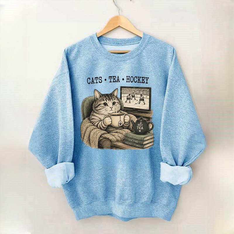 Funny Cats Tea Hockey Sweatshirt,Hockey Lover Gift, Cat Hockey Game Day Tee