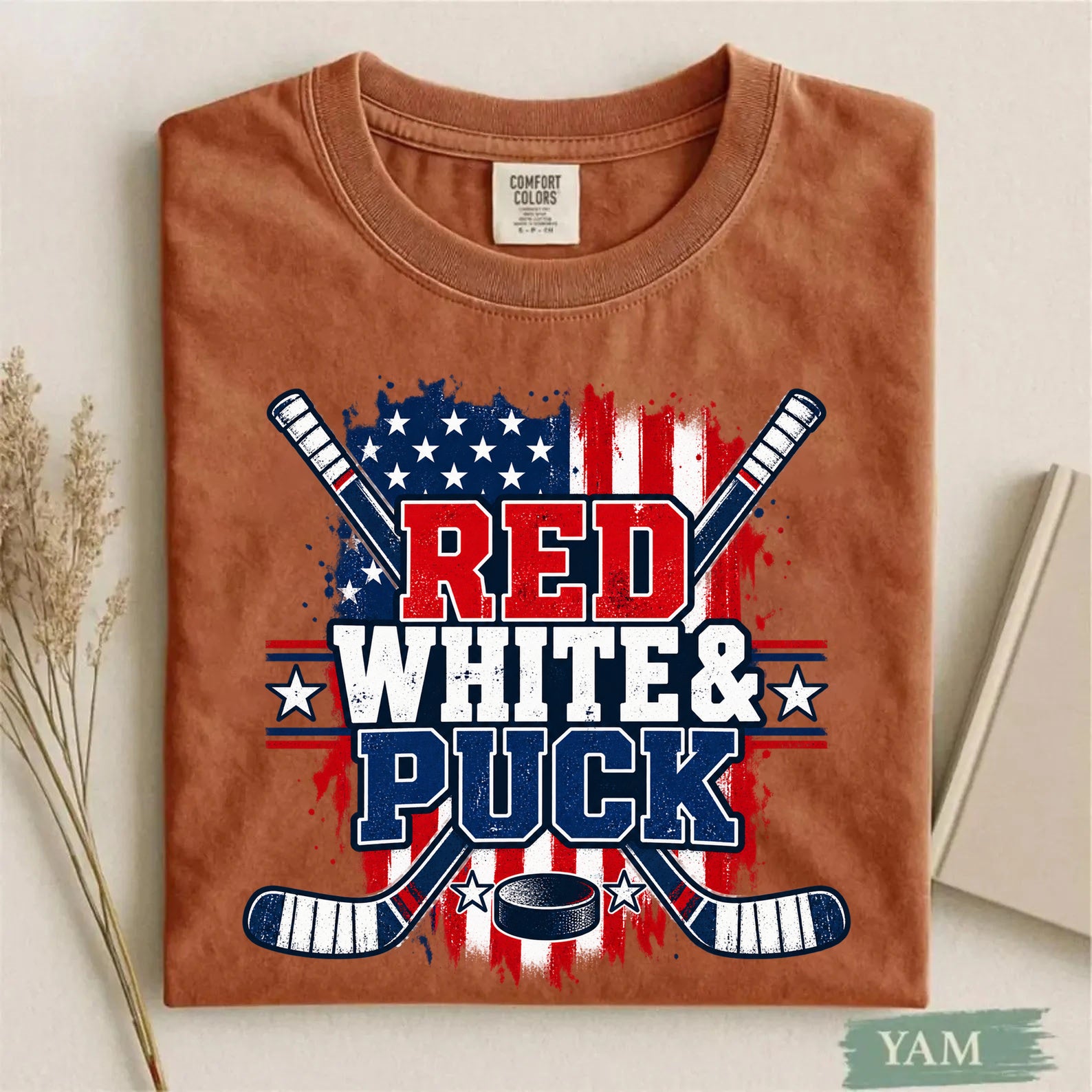 Comfort Colors Red White & Puck – Patriotic Hockey T-Shirt
