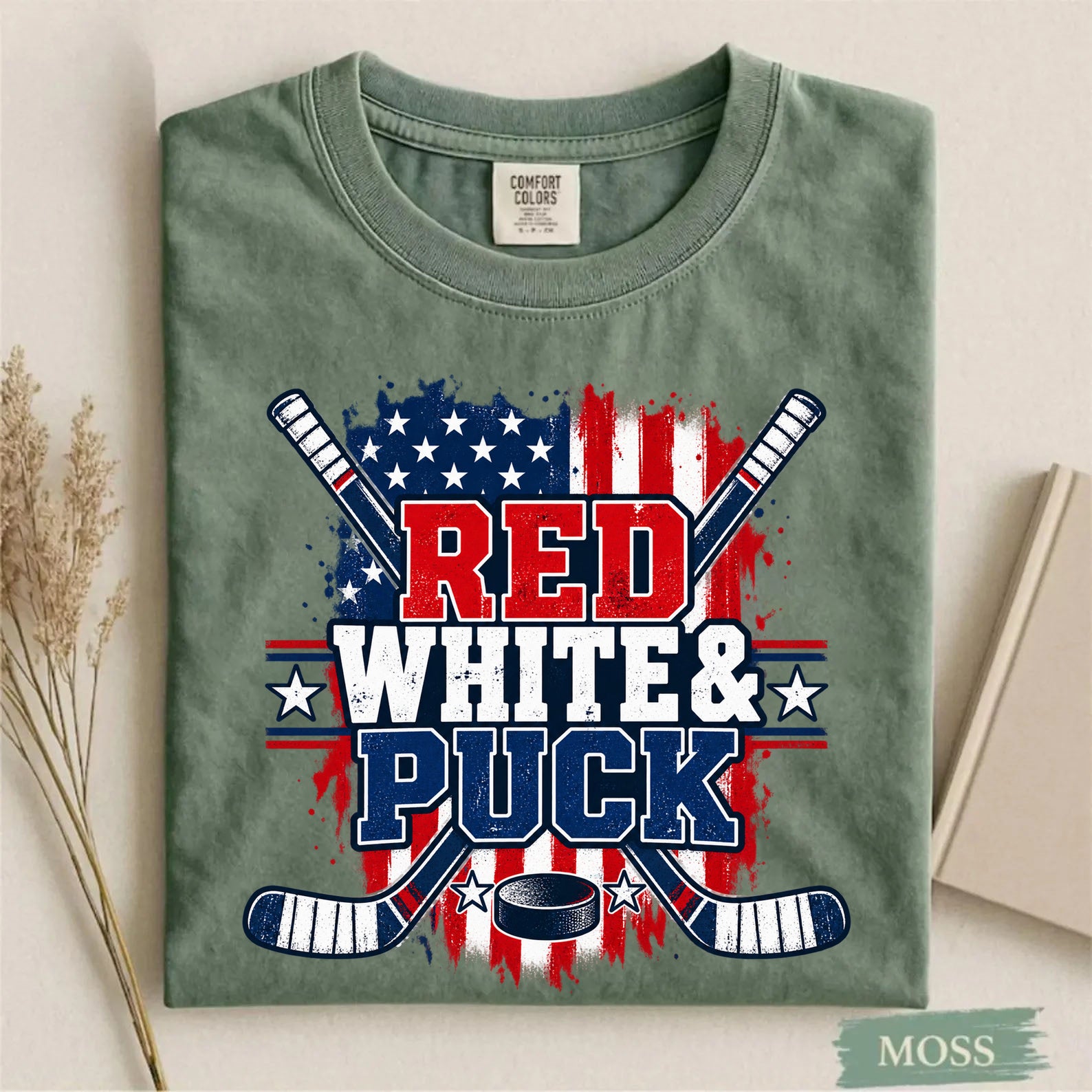 Comfort Colors Red White & Puck – Patriotic Hockey T-Shirt
