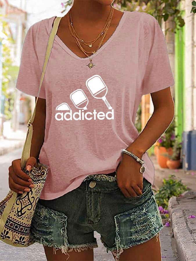 Women's funny pickleball "addicted" printed V-neck T-shirt