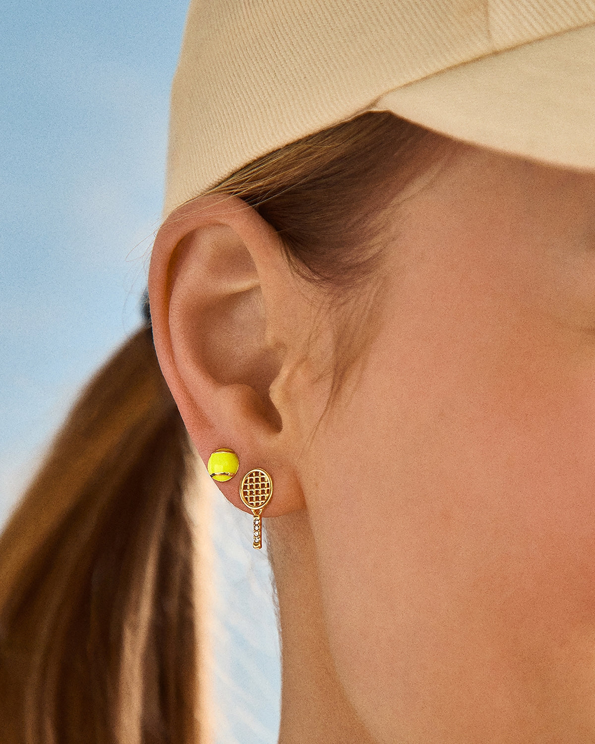 Match point pave tennis racket & ball stud earrings, set of 2