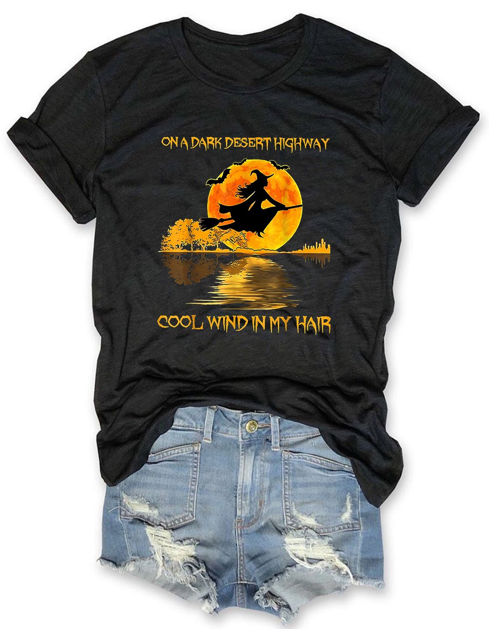 Witch Broom On A Dark Desert Highway Halloween T-Shirt