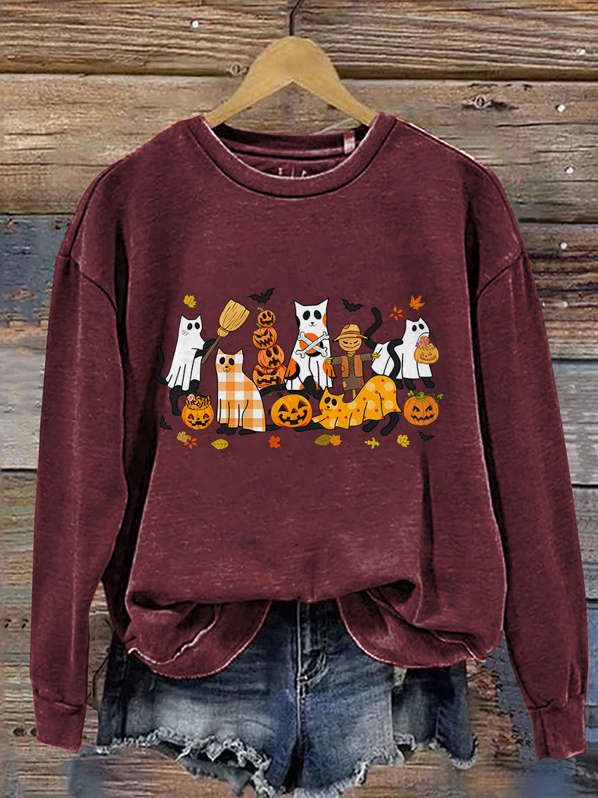 Black Cat Halloween Ghost Cat Casual Print Sweatshirt