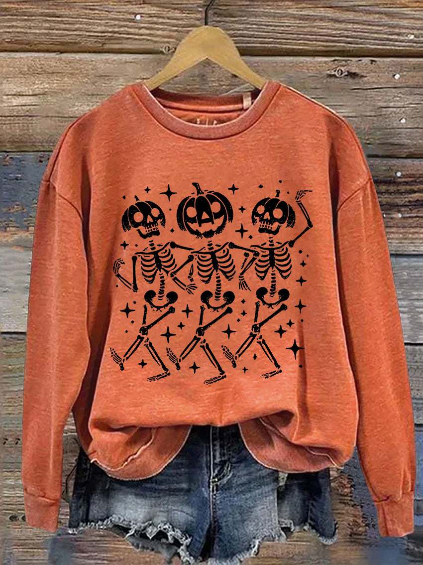 Pumpkin Skeleton Halloween Casual Print Sweatshirt