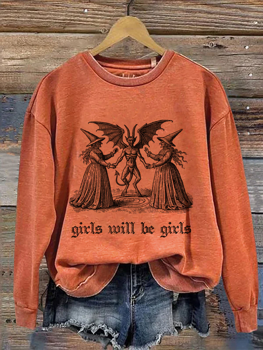 Girls Will Be Girls Witch Halloween Art Print Casual Sweatshirt