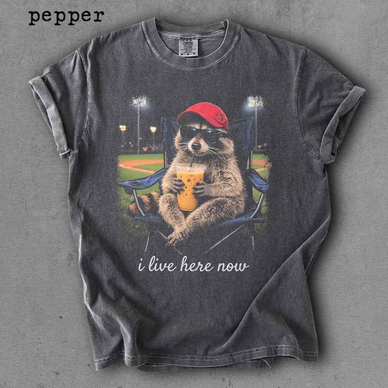Raccoon I Live Here Now Shirt -  Raccoon Drinking Iced Coffee Shirt