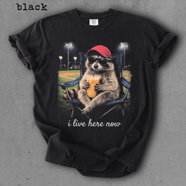 Raccoon I Live Here Now Shirt -  Raccoon Drinking Iced Coffee Shirt