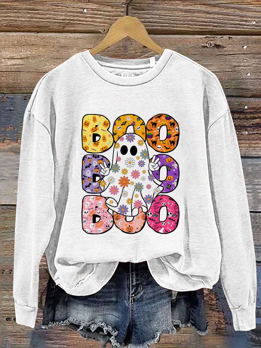 Boo Halloween Ghost Floral Halloween Casual Print Sweatshirt