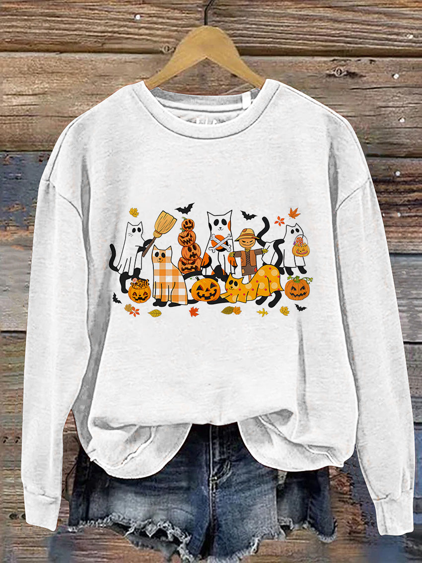 Black Cat Halloween Ghost Cat Casual Print Sweatshirt