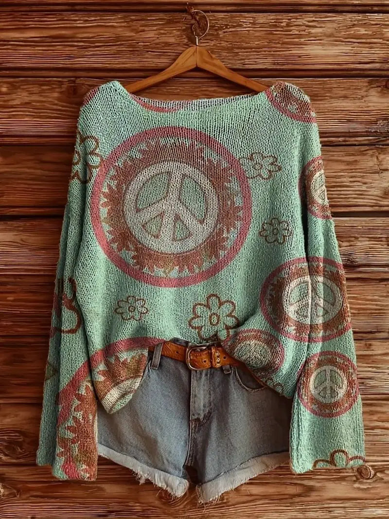 Women's Bohemian Turquoise Green & Brown Folk Motif with Peacock & Mandala Patterns Print Sweater