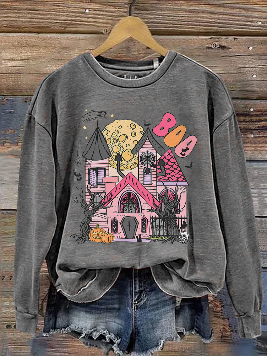 Castle Ghost Boo Halloween Casual Print Sweatshirt