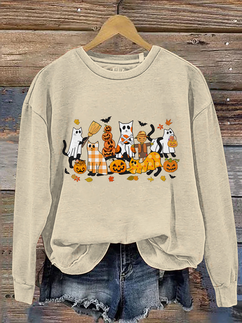 Black Cat Halloween Ghost Cat Casual Print Sweatshirt