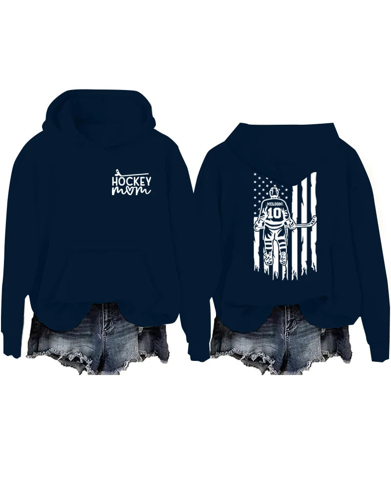 Personalized Hockey Mom Boy Player US Flag Design Hoodie