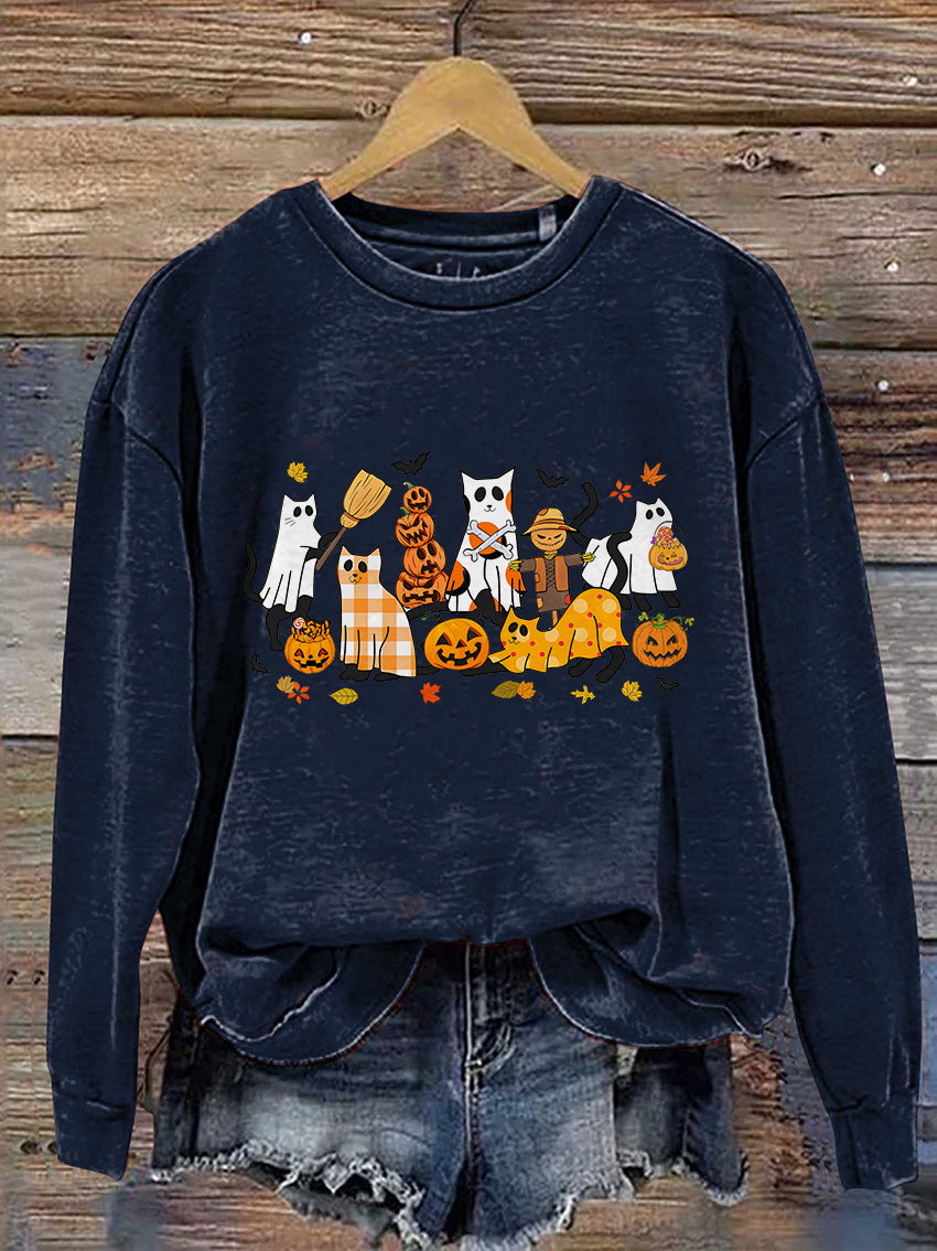 Black Cat Halloween Ghost Cat Casual Print Sweatshirt