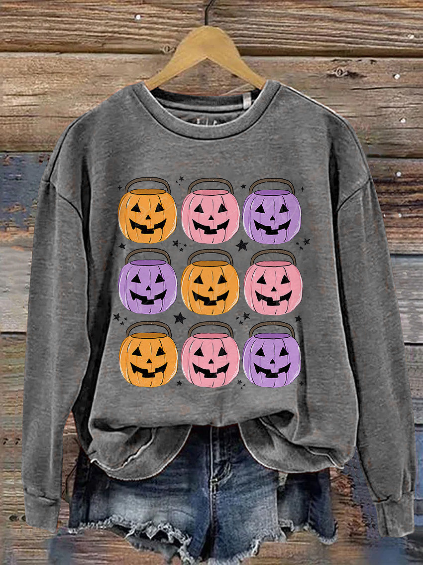 Pumpkin Buckets Halloween Casual Print Sweatshirt