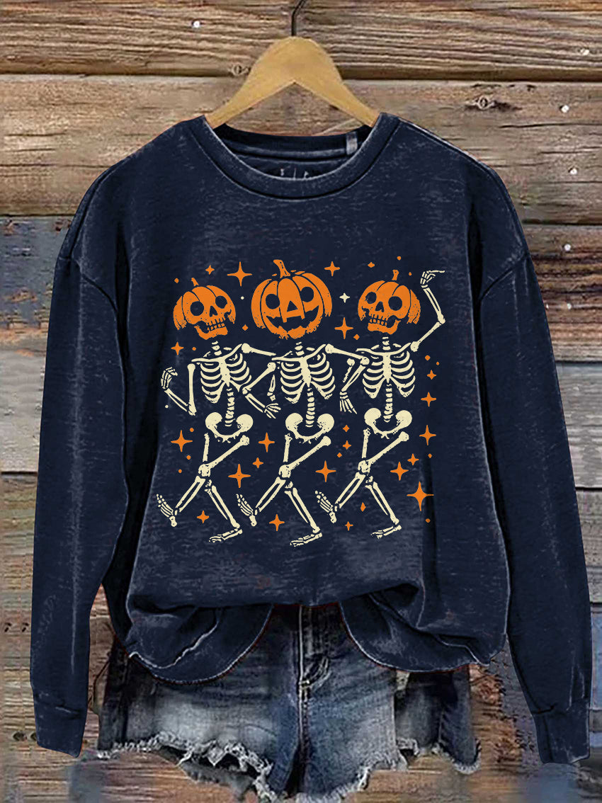 Pumpkin Skeleton Halloween Casual Print Sweatshirt