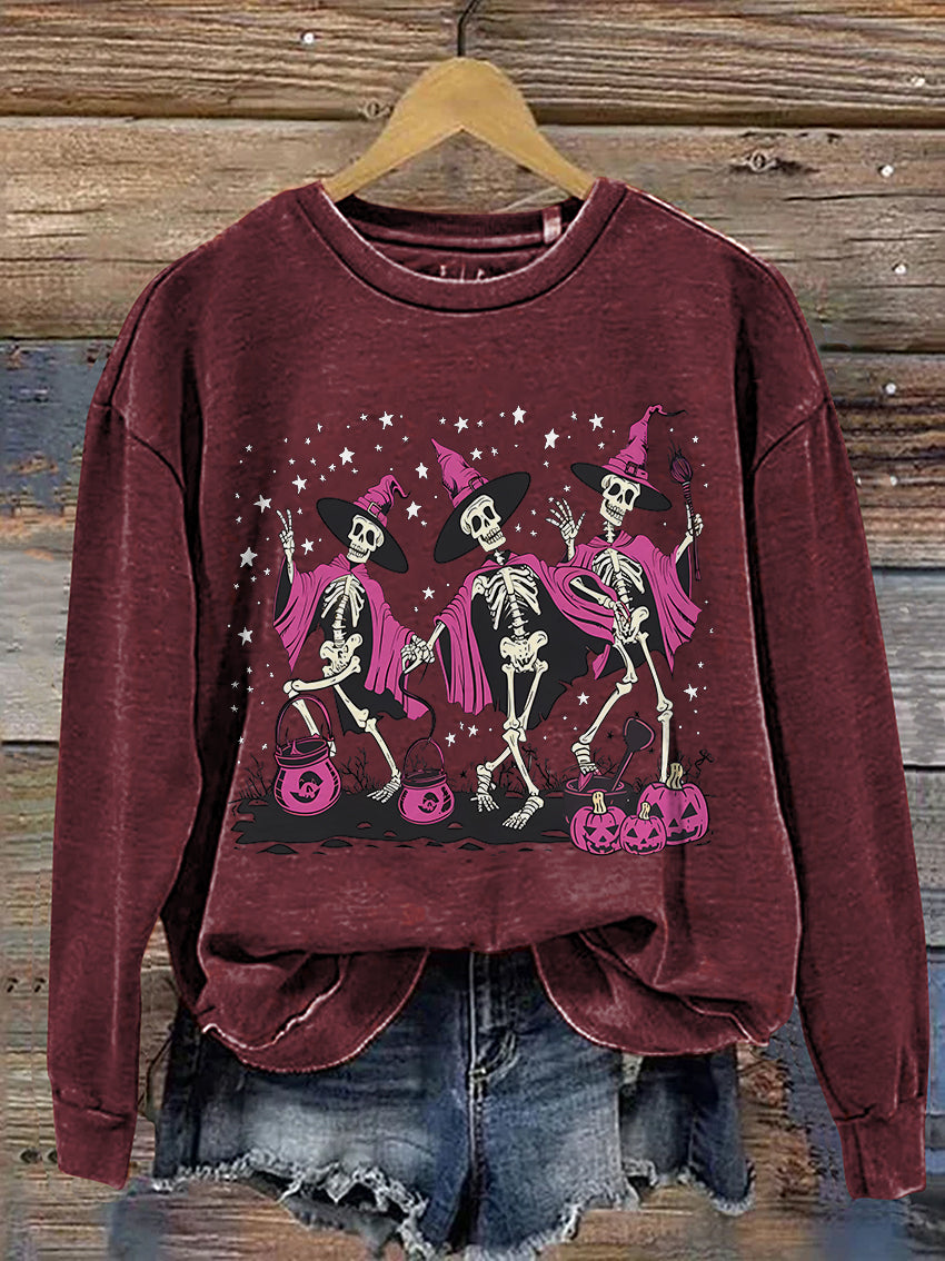 Halloween Dancing Skeleton Spooky Season Casual Print Sweatshirt