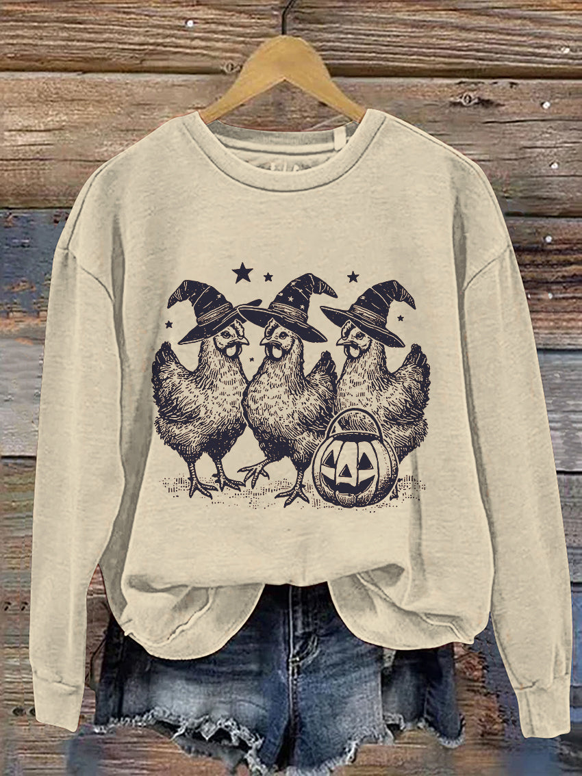 Chicken Witches Funny Halloween Cute Ghost Casual Print Sweatshirt