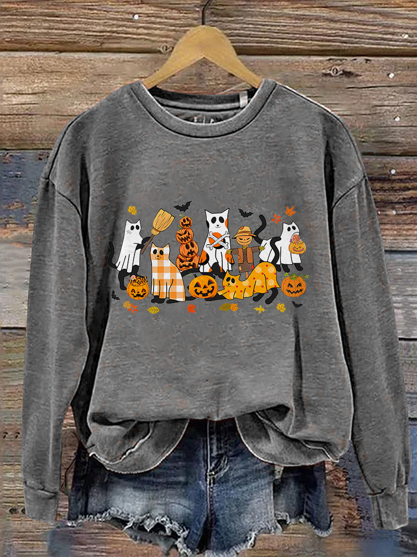 Black Cat Halloween Ghost Cat Casual Print Sweatshirt