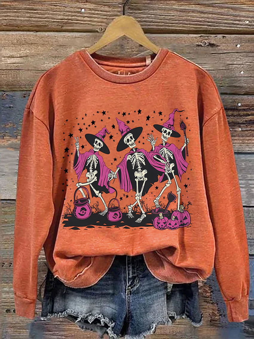 Halloween Dancing Skeleton Spooky Season Casual Print Sweatshirt