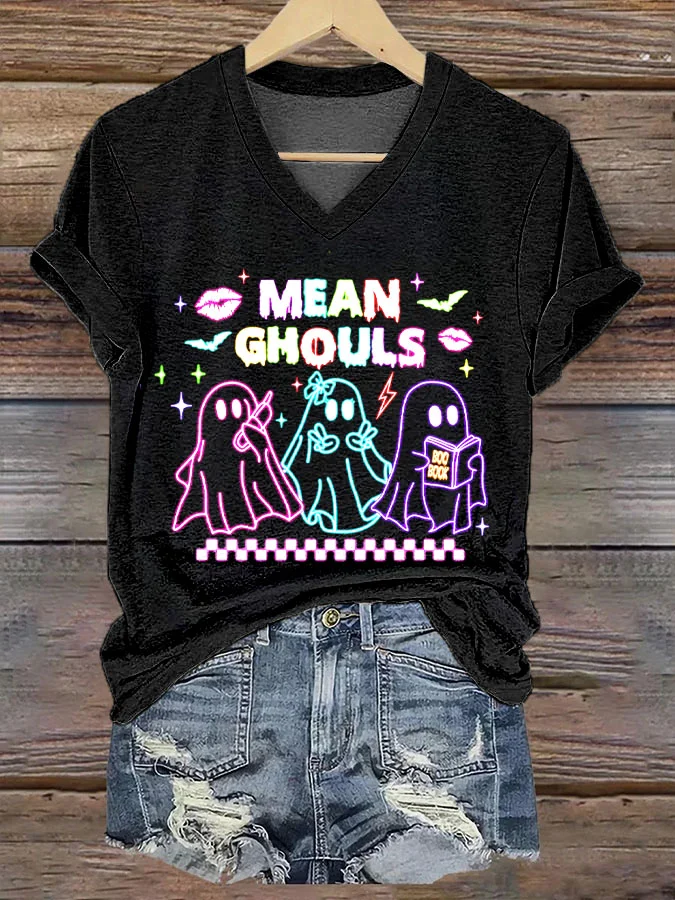 Women's Funny Halloween Ghosts Art Print V-neck Casual T-Shirt