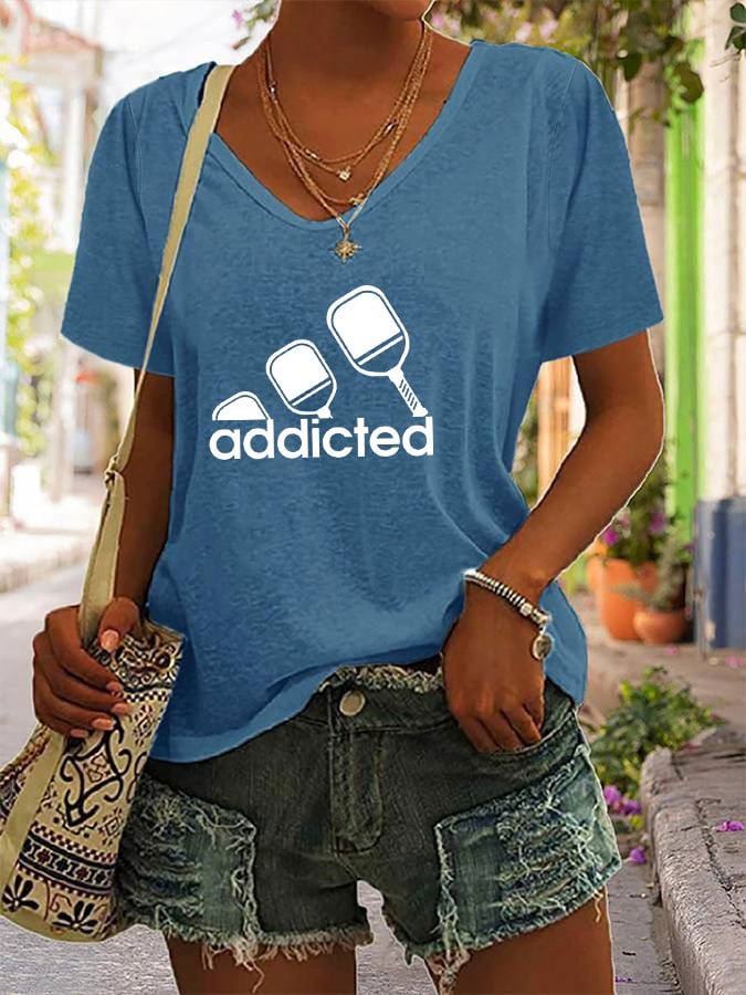 Women's funny pickleball "addicted" printed V-neck T-shirt