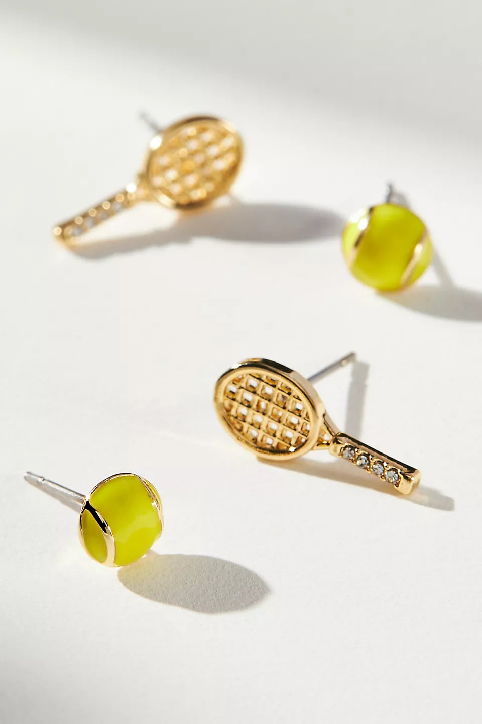 Match point pave tennis racket & ball stud earrings, set of 2