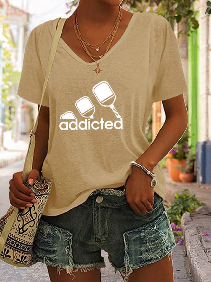 Women's funny pickleball "addicted" printed V-neck T-shirt