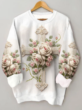 White Ornate Cross and Rose Jesus Floral Easter Crew Neck Sweatshirt