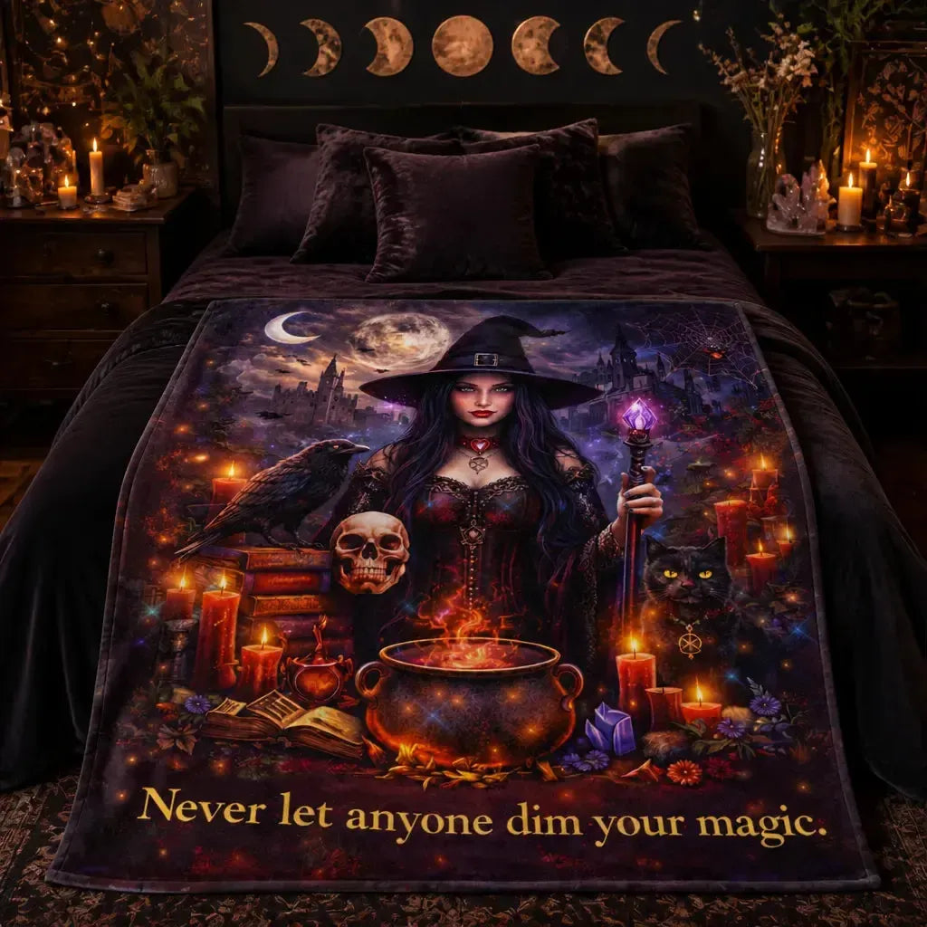 Gothic Witch Blanket With Black Cat. Skull. Raven Halloween Home Decor